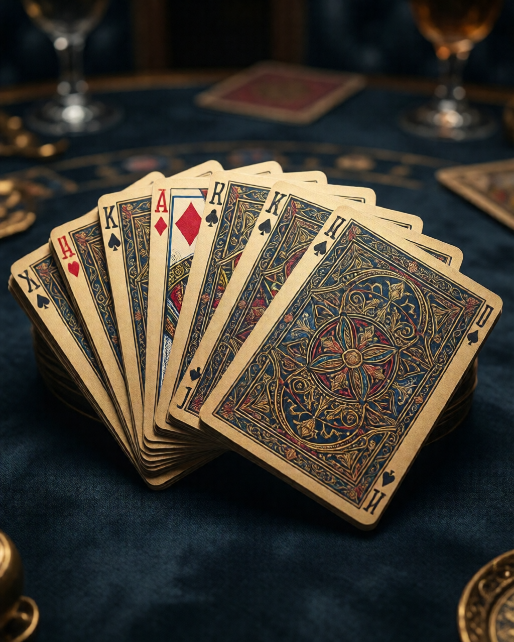 Card game table scene — ہاتھ پڑھنا