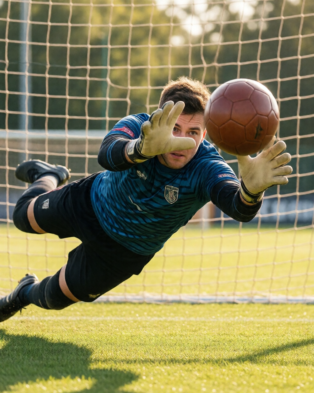A vast night stadium with brilliant floodlights illuminating an empty green football pitch stretching toward empty stands — 教練視角