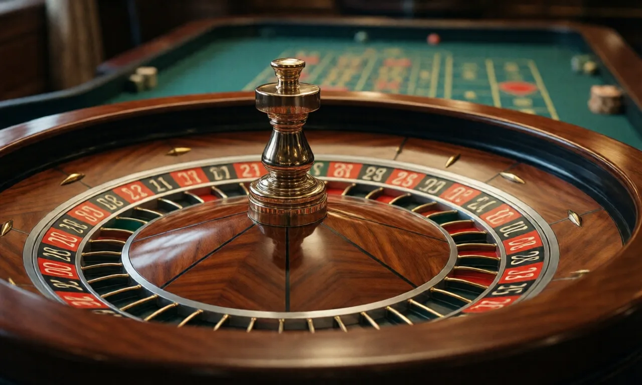 Close-up of a classic roulette wheel in a casino setting showcasing the elegant wooden design.