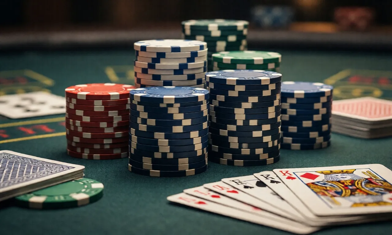 A close-up shot of stacked poker chips and playing cards on a table, perfect for casino and gambling themes.