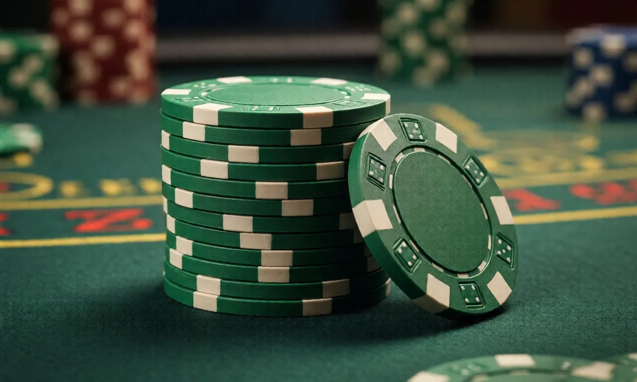 Stack of green poker chips on a casino table, highlighting the gambling theme.