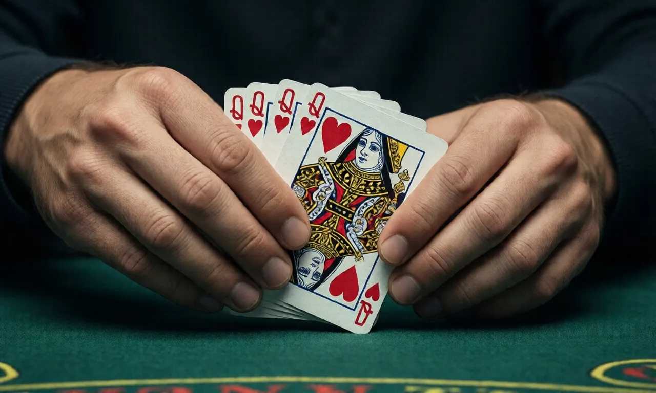 Close-up of hands shuffling playing cards during an intense poker game, highlighting the Queen of Hearts.