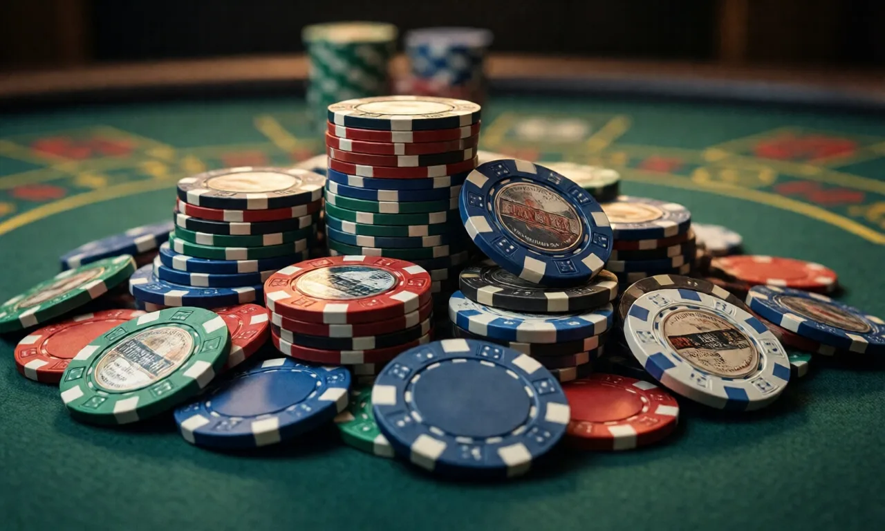 A colorful pile of poker chips on a casino table in a close-up view, emphasizing gambling concepts.