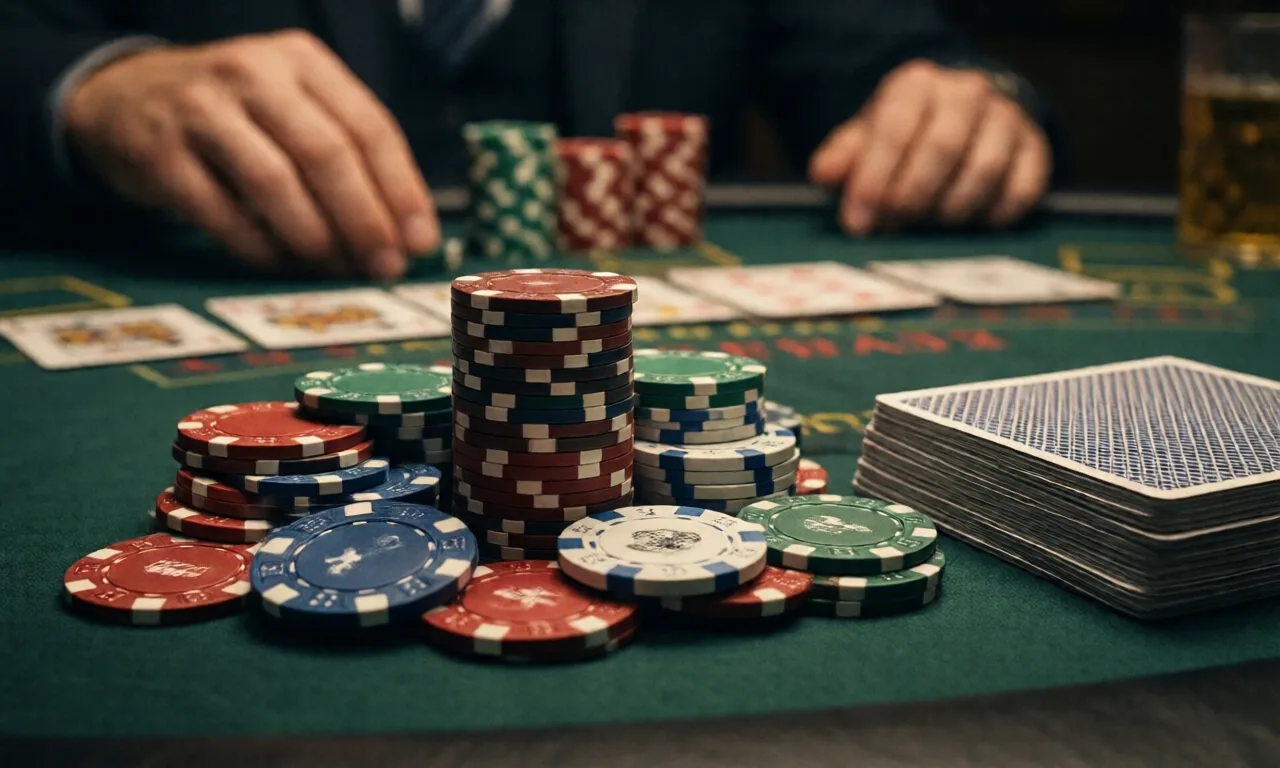 A close-up of poker chips and cards on a table during a game of Texas Hold'em.