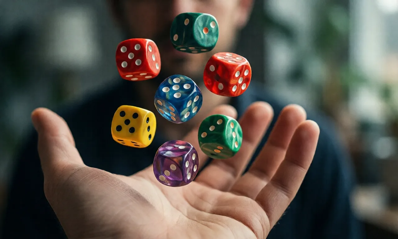 Colorful dice float above a hand with a blurred background, creating a dynamic and abstract visual.