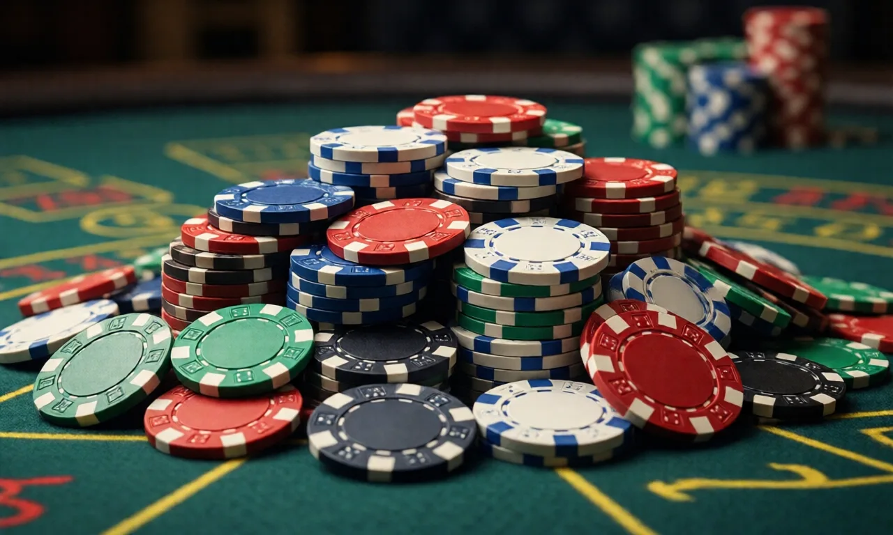 A colorful pile of poker chips on a casino table in a close-up view, emphasizing gambling concepts.