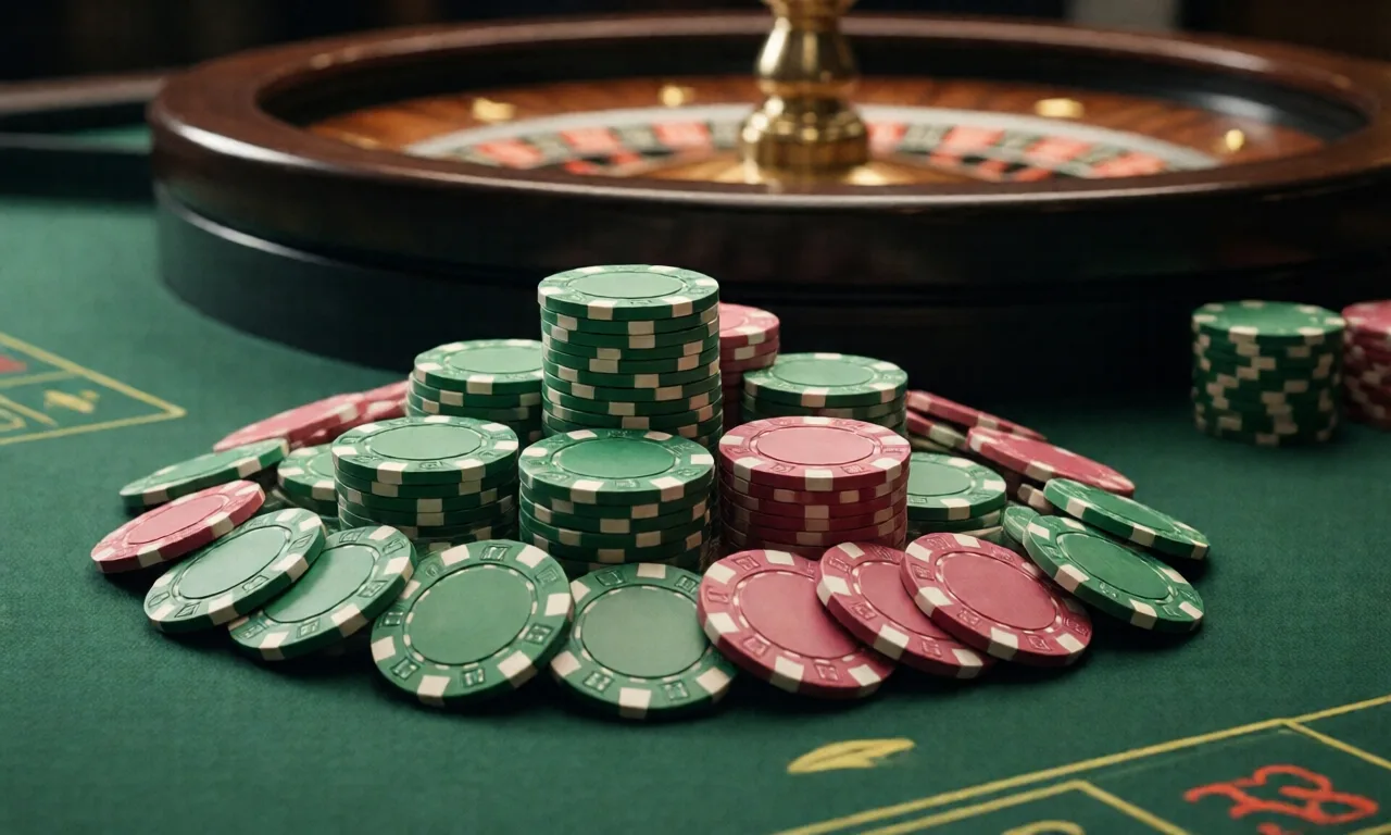 Close-up of a roulette table with a pile of green and pink poker chips.