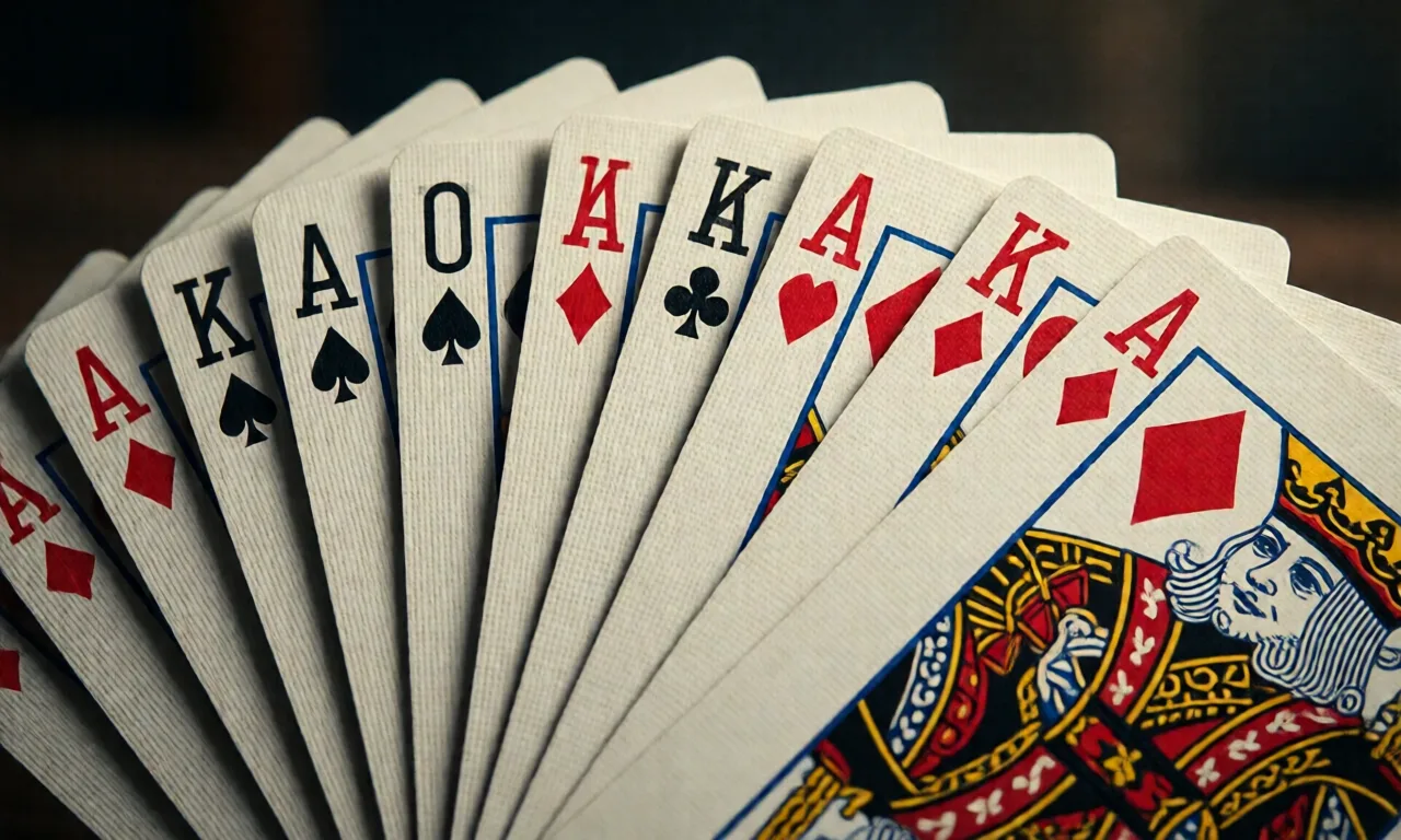 A visually striking close-up of a spread of playing cards showcasing colorful designs and aces.