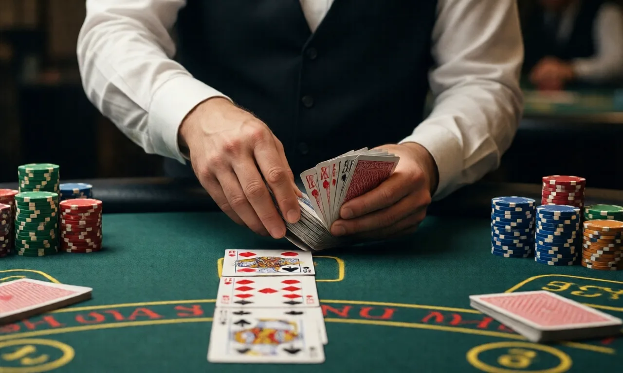 A casino dealer skillfully spreads playing cards on a gaming table, surrounded by colorful poker chips.
