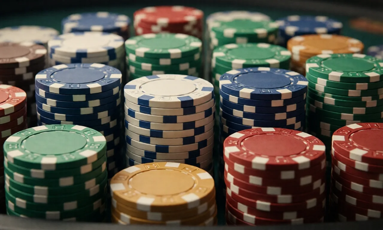 A close-up of colorful casino chips neatly stacked in rows, symbolizing the gambling experience.