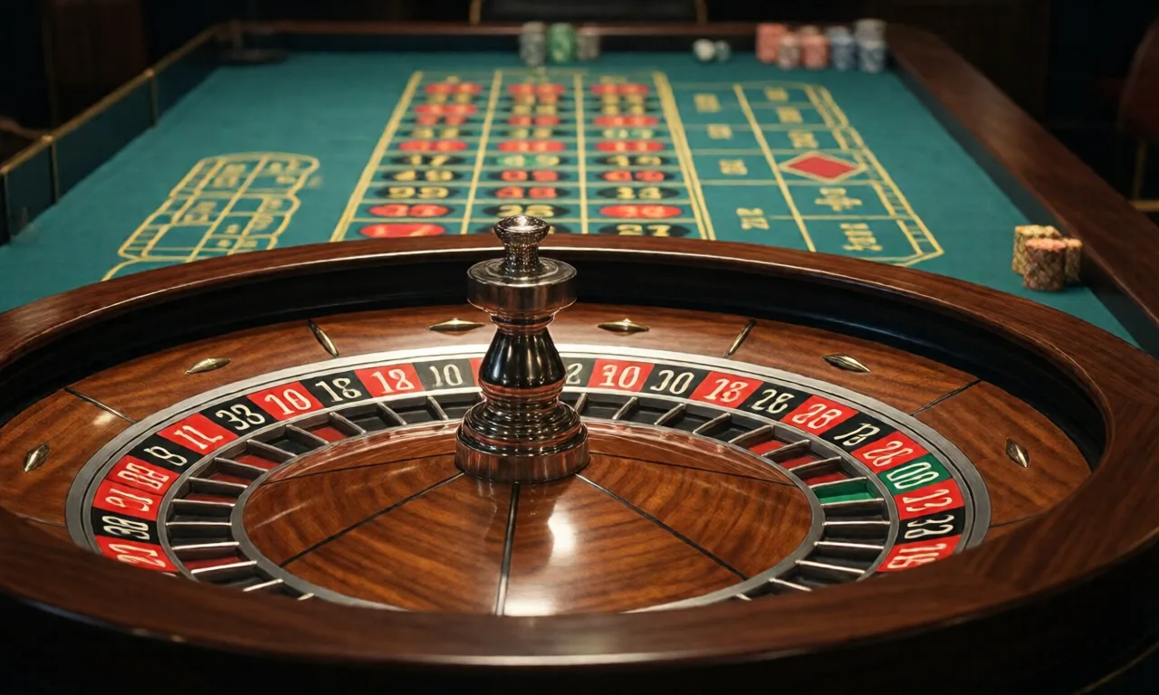 Detailed view of a casino roulette table with numbers and betting options.