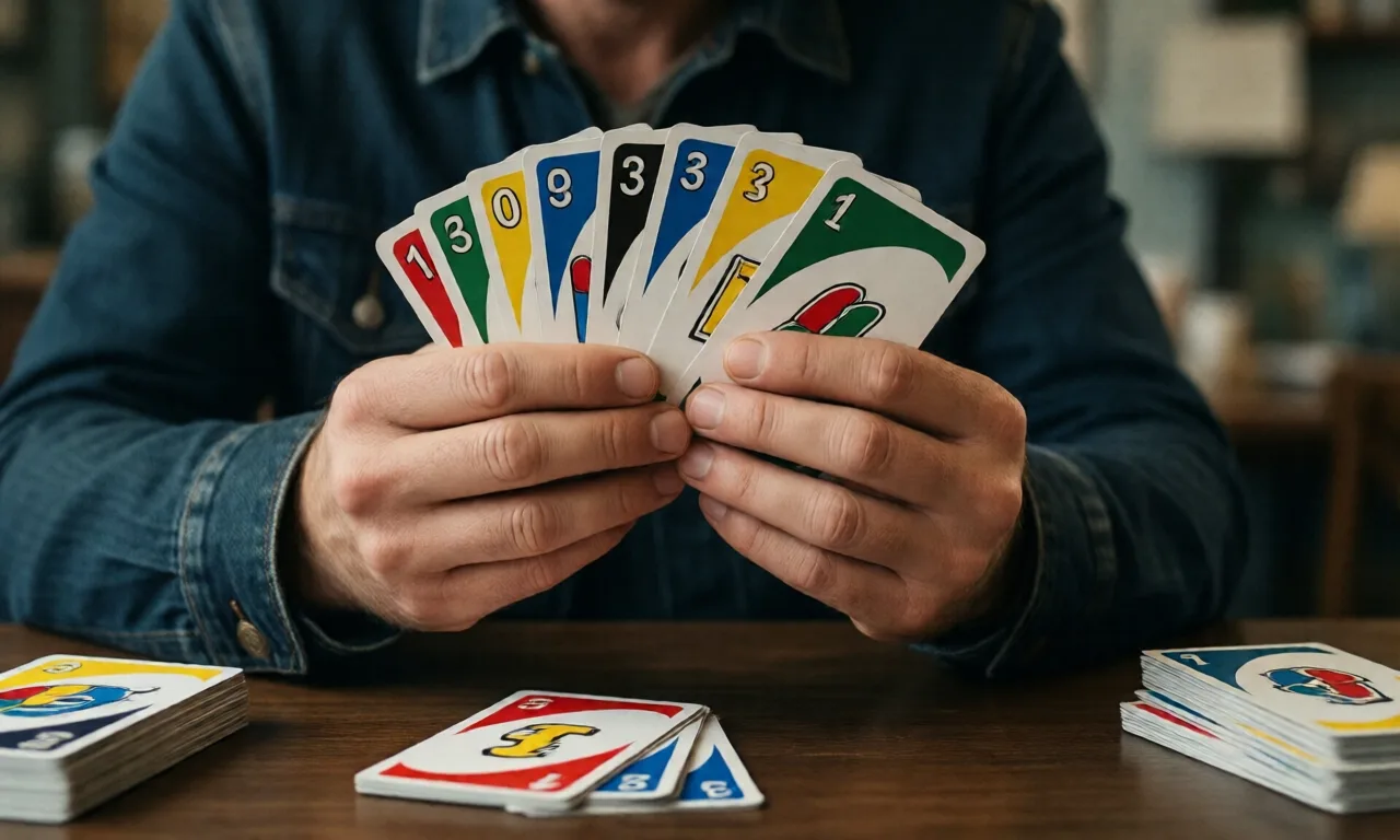 Person playing Uno cards, focusing on colorful cards and hands in a casual setting.