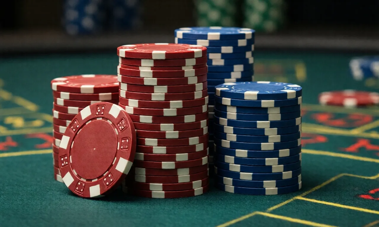 Close-up of neatly stacked red and blue casino chips on a gaming table.