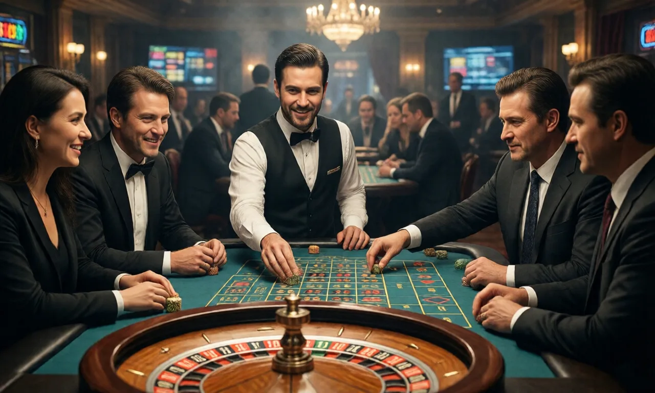 A vibrant casino scene shows players and a dealer engaging in a game of roulette.