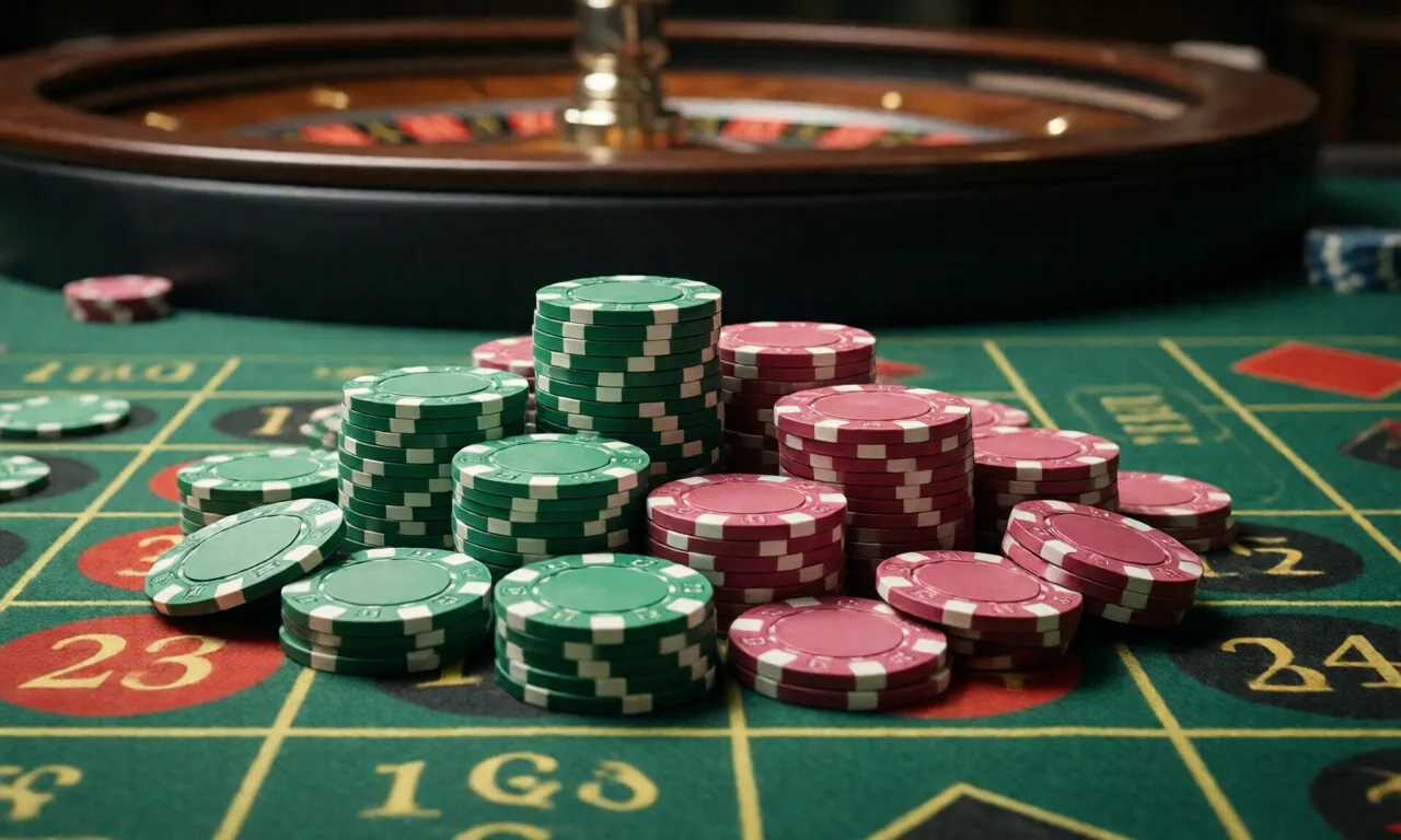 Close-up of a roulette table with a pile of green and pink poker chips.