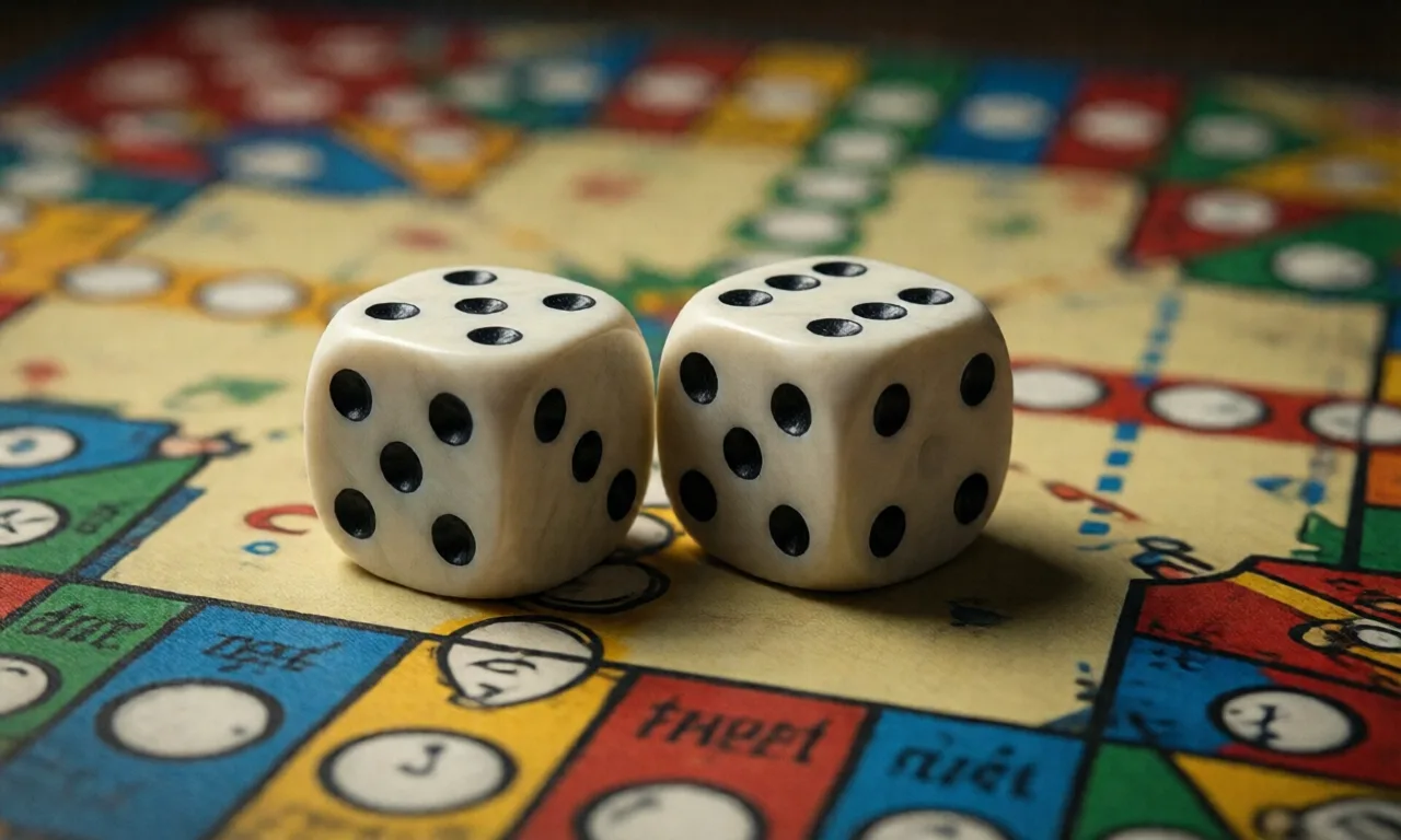 Two dice resting on a colorful board game surface, symbolizing chance and strategy.