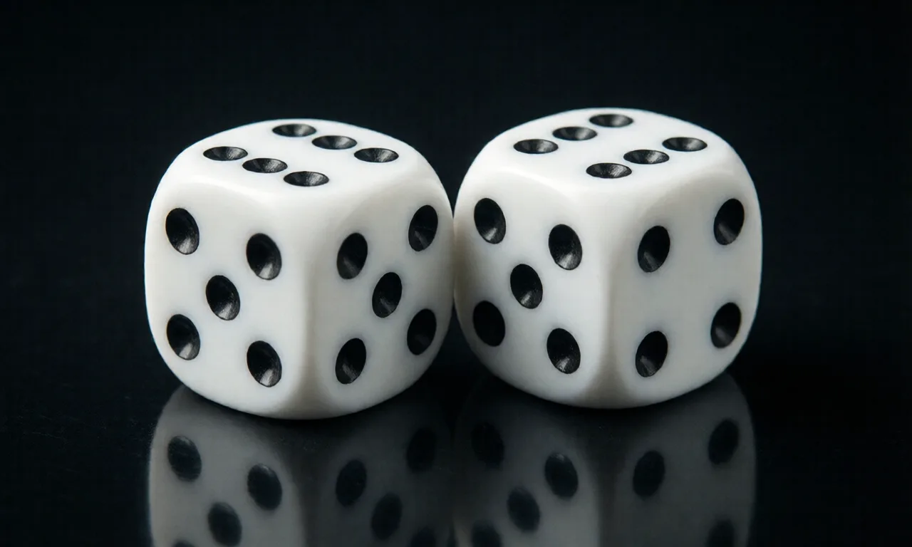 A close-up of two white dice with double sixes on a reflective black surface, perfect for gaming themes.