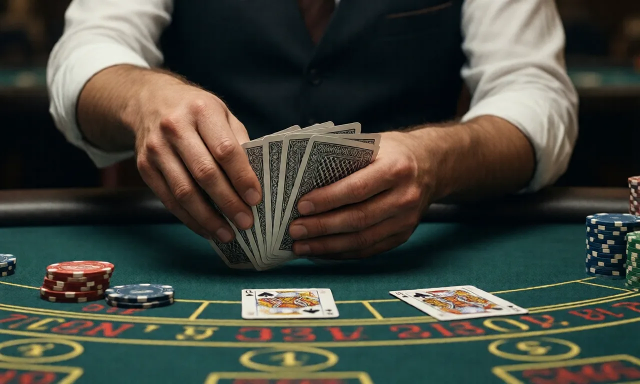 Close-up of a casino dealer shuffling cards on a gambling table with chips and bet labels.