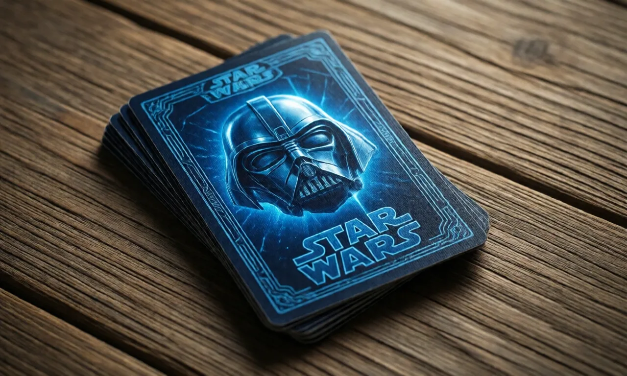 Blue Star Wars themed playing cards on a textured wooden surface.
