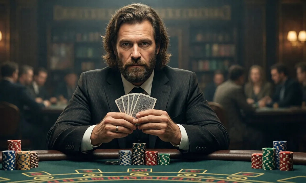 A gambler holding cards at a casino table filled with gaming chips.