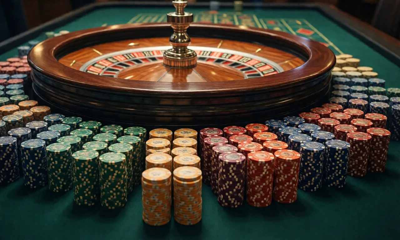 An overhead view of a roulette table with neatly stacked colorful poker chips, reflecting a casino vibe.