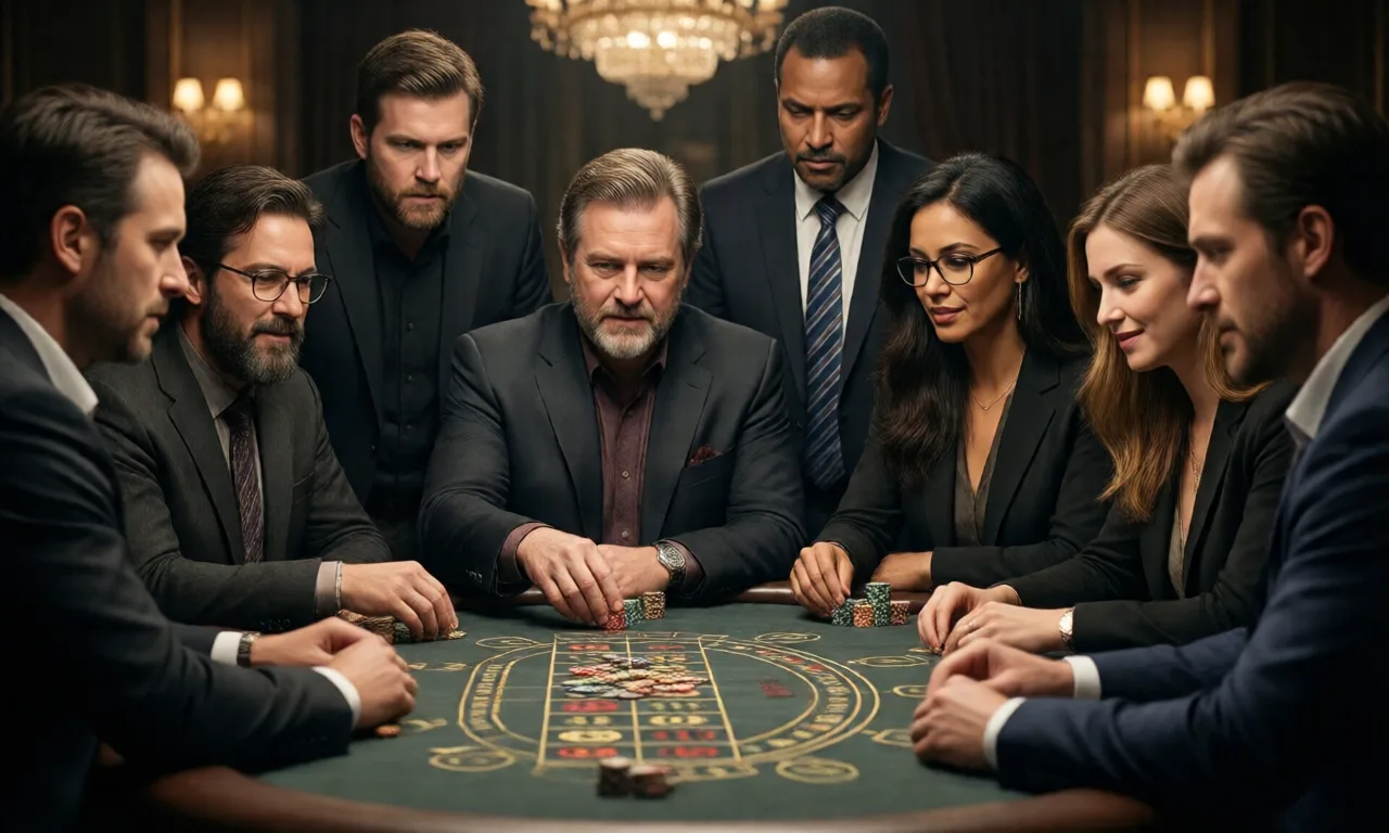 Diverse group of adults engaged in a game at a casino table, focusing intently.