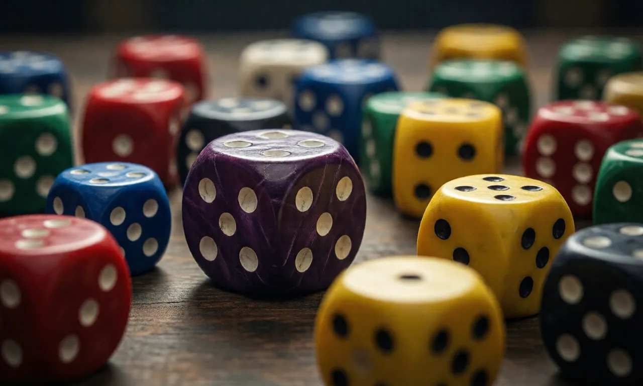 Close-up view of colorful dice on a table, capturing the essence of luck and chance.