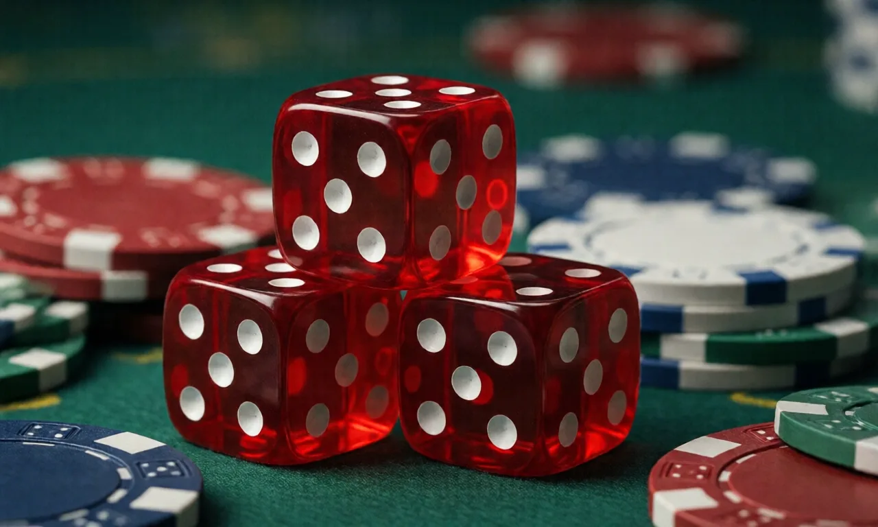 Vibrant red dice stacked with poker chips, ideal for gambling themes.