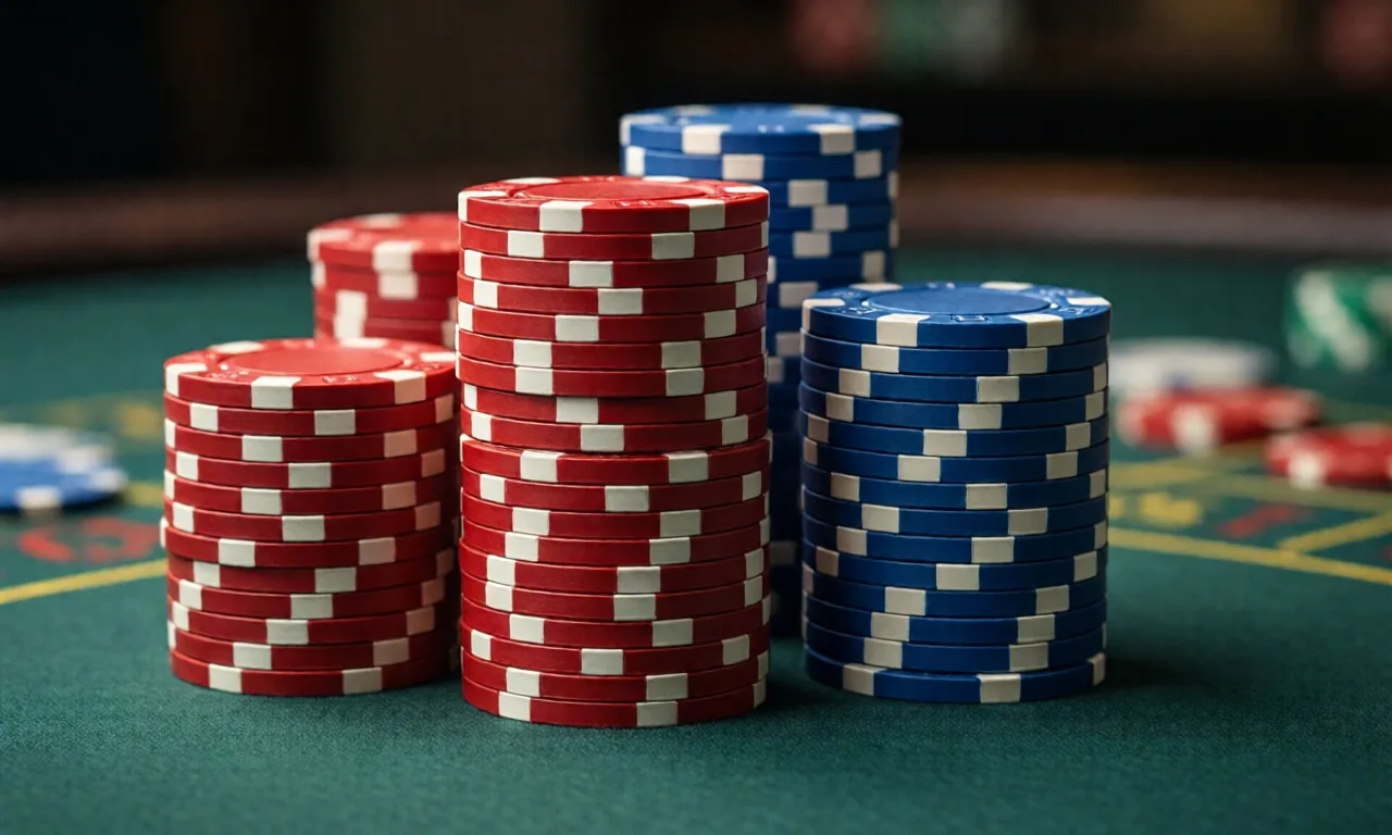 Close-up of neatly stacked red and blue casino chips on a gaming table.
