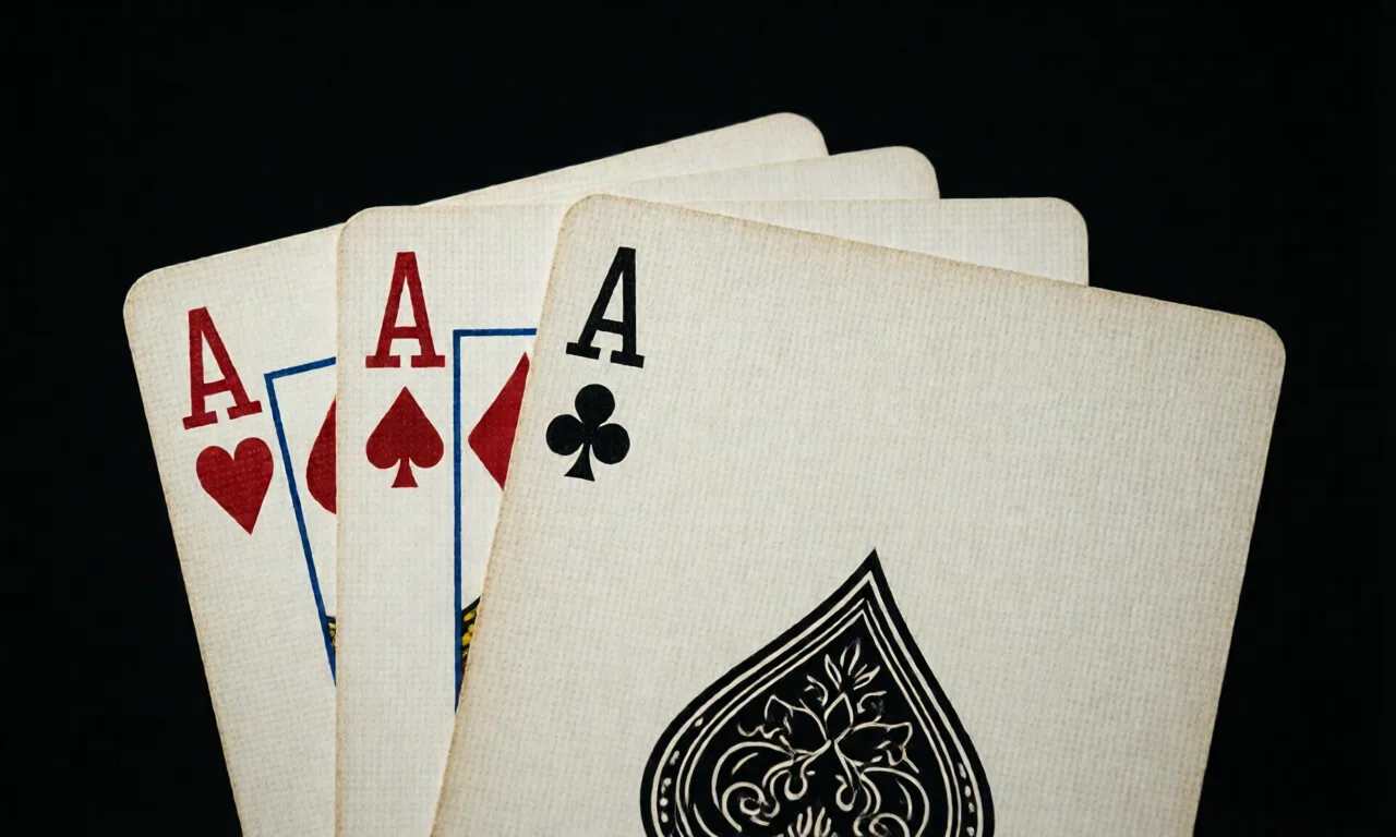 A set of four aces from a deck of playing cards arranged on a black background.