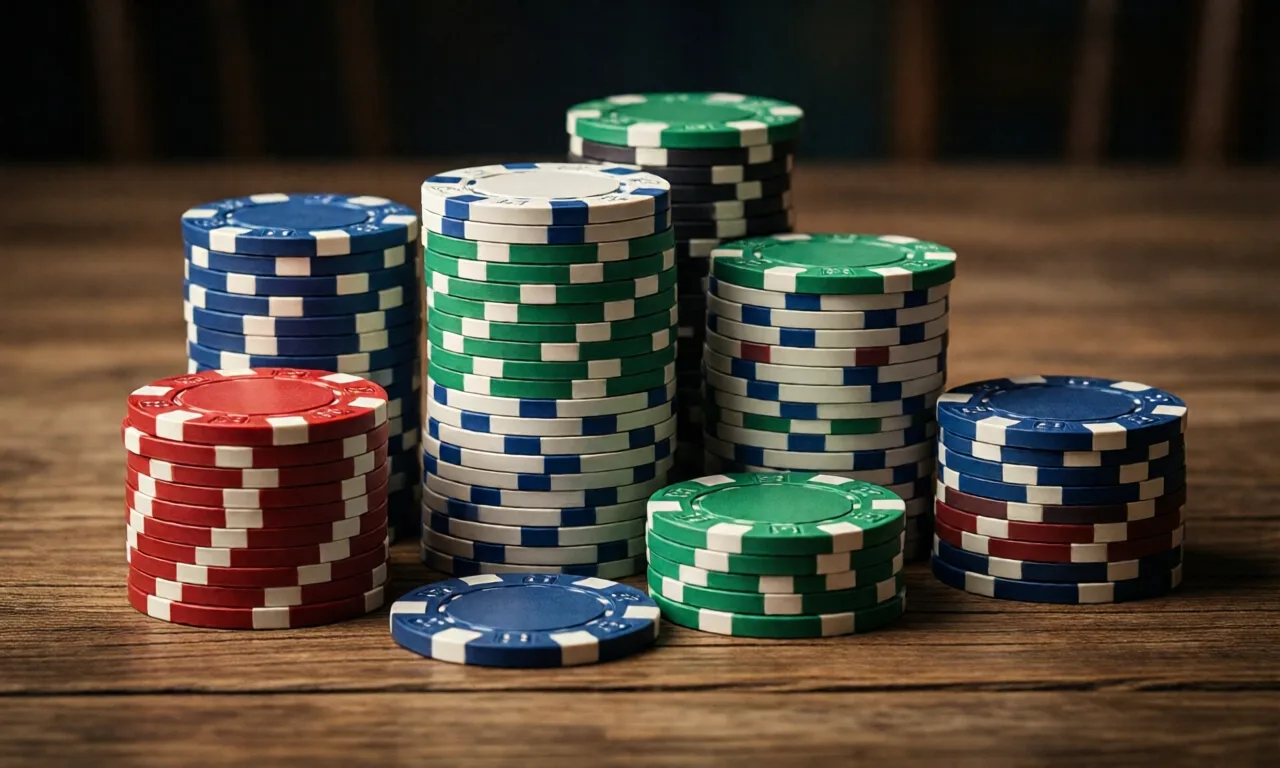 A close-up view of colorful stacked poker chips on a wooden table, perfect for casino themes.
