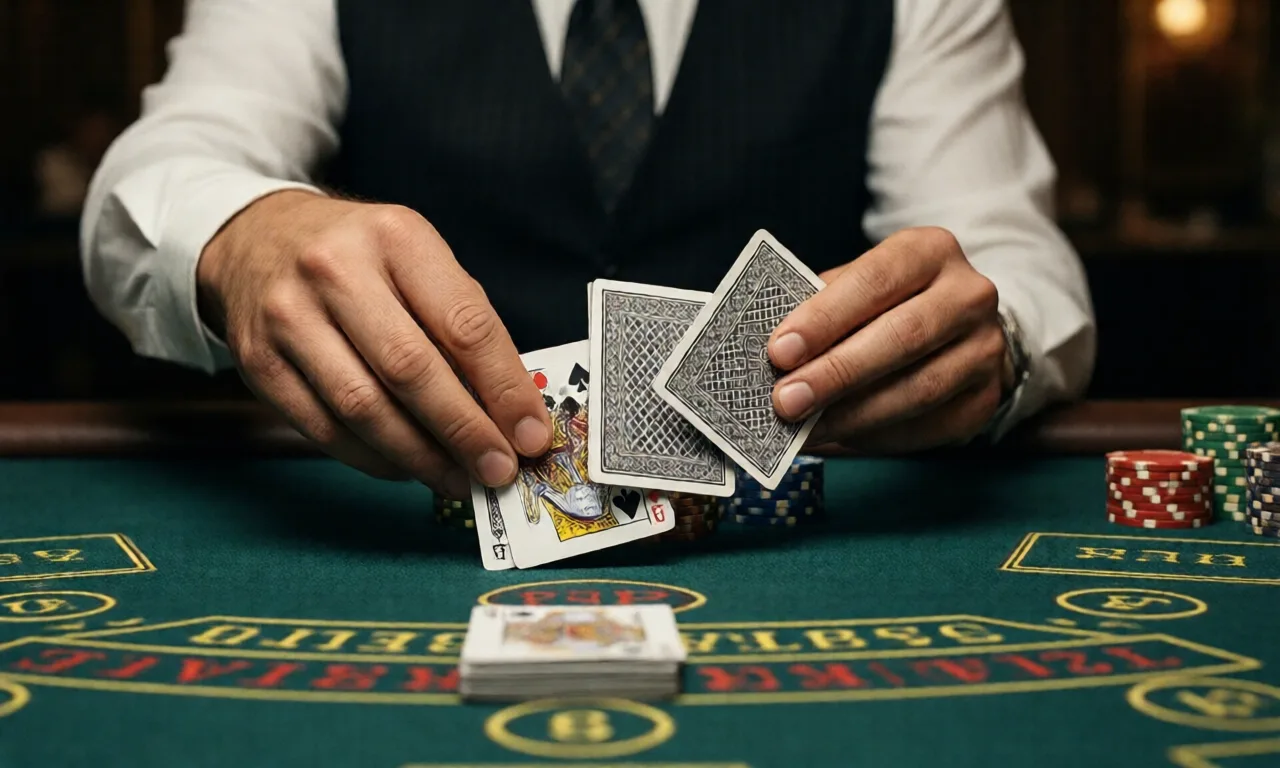 Casino dealer organizing cards and chips on a gaming table during a game.