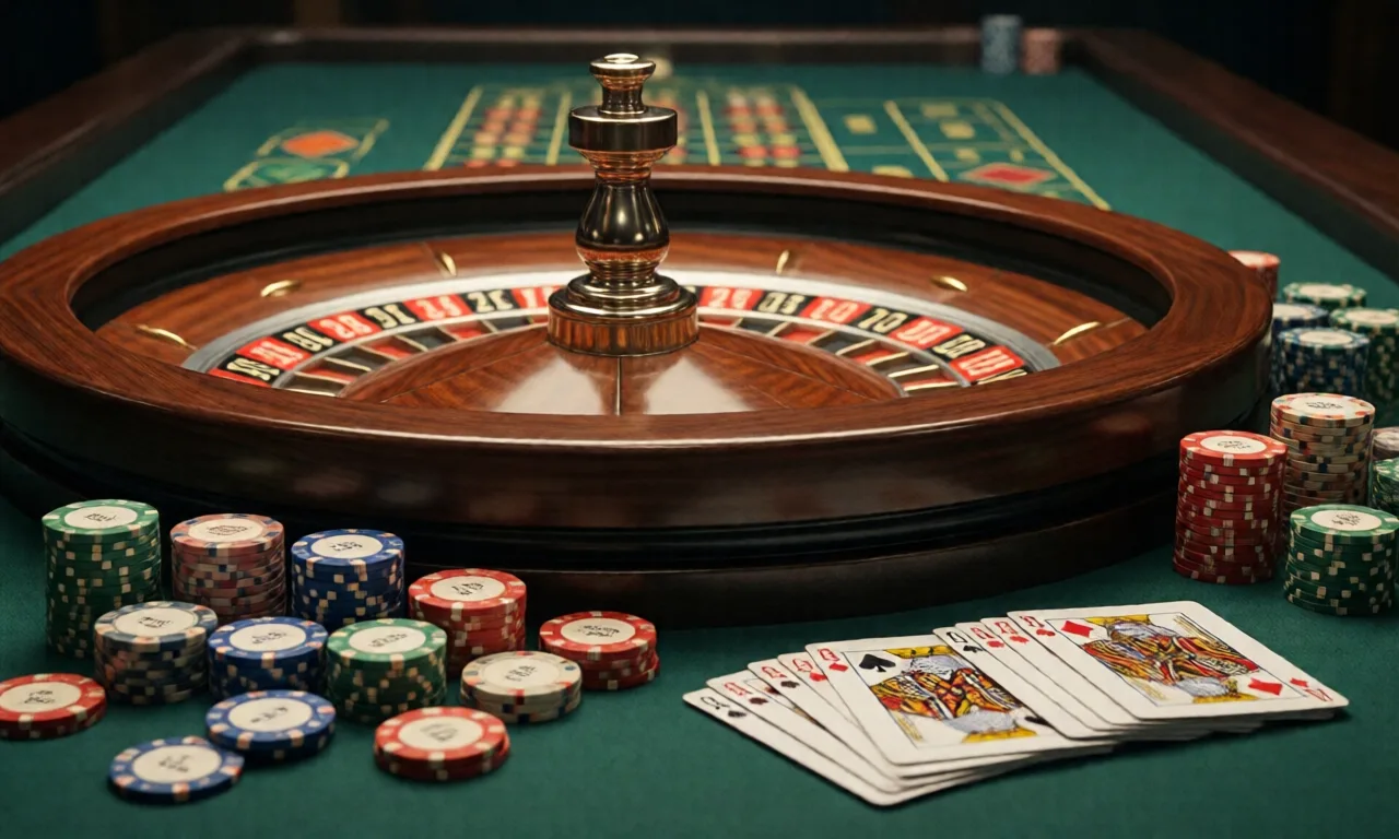 Close-up of a roulette table, poker chips, and playing cards depicting casino culture.