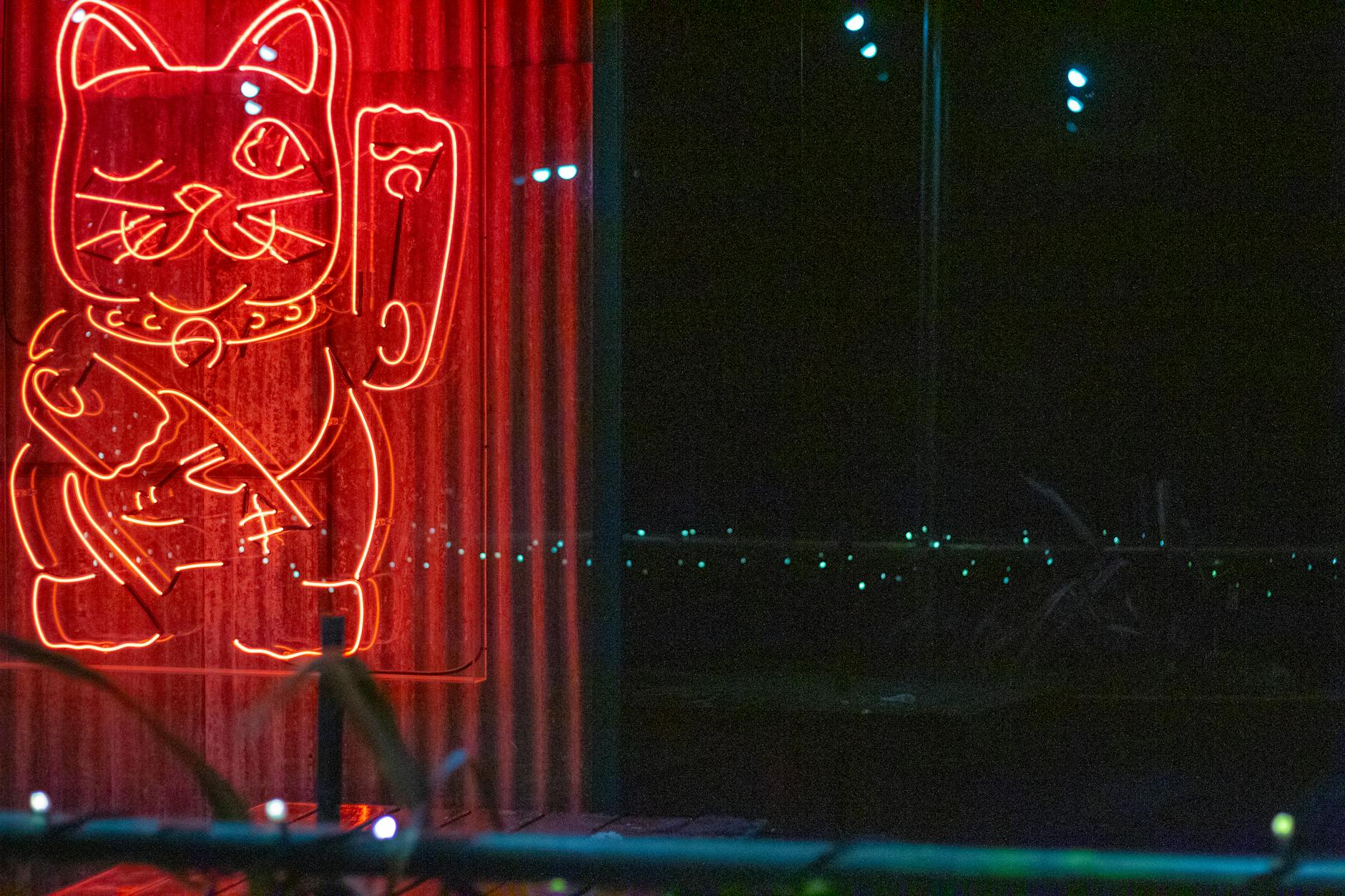 A bright neon sign of a lucky cat, glowing in red during nighttime.